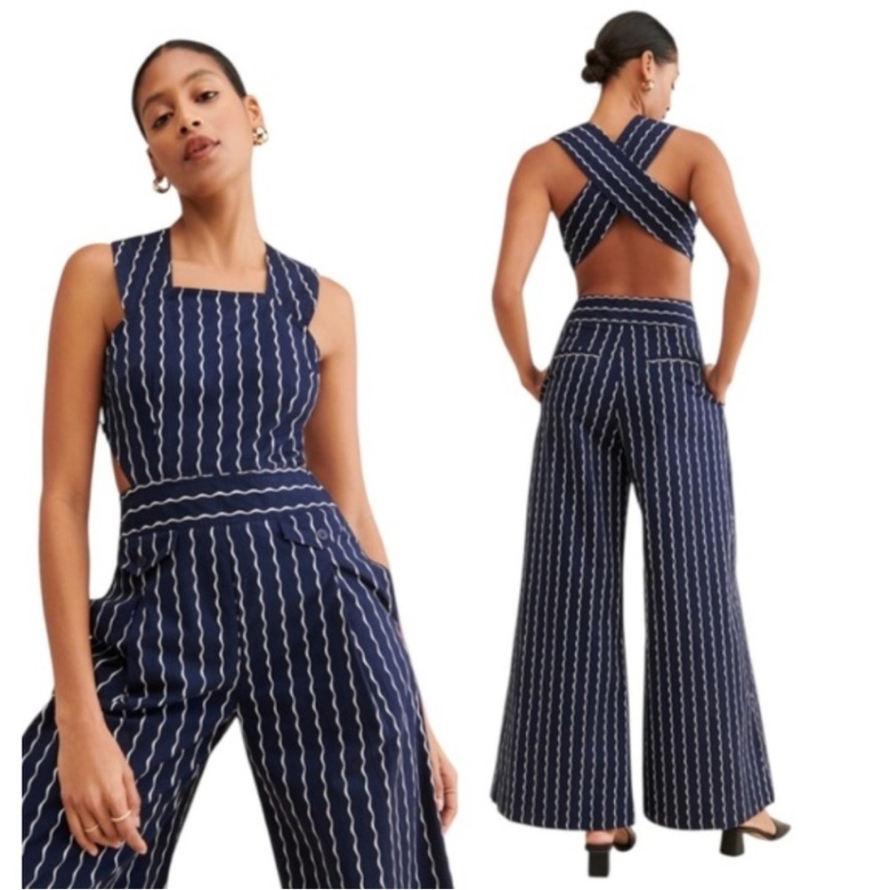 Maeve Anthropologie Derby Day Nautical Pinafore Navy Stripe Wide Leg Jumpsuit 14 - Picture 6 of 14